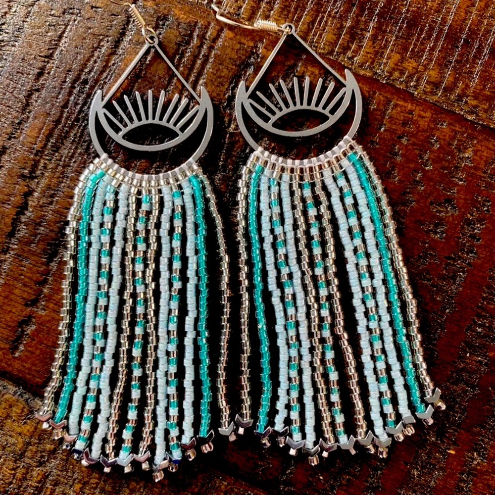 New hand beaded indigenous made fringe earrings (Blackfoot)